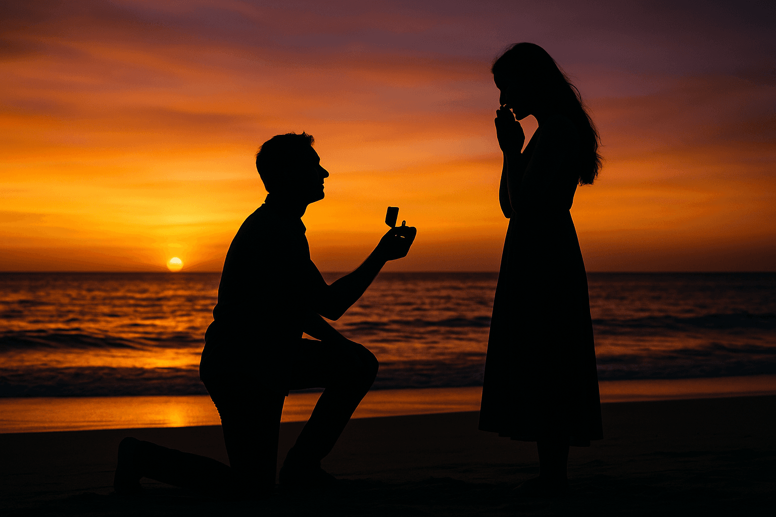 Silhouette of a marriage proposal at sunset on a beach